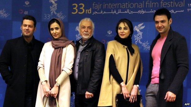 Iranian actors (from L to R) Pejman Bazeghi, Parinaz Ezadyar, Changhiz Jalilvand, Rana Azadivar, Amir Ali Danaifar at the Fajr Film Festival 02/02/2015