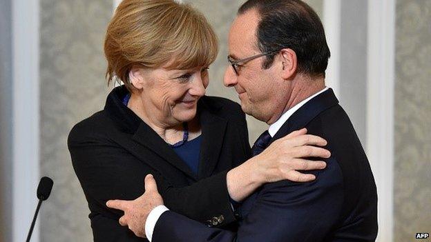 Angela Merkel and Francois Hollande after Minsk talks to secure a ceasefire in eastern Ukraine, 12 February 2015