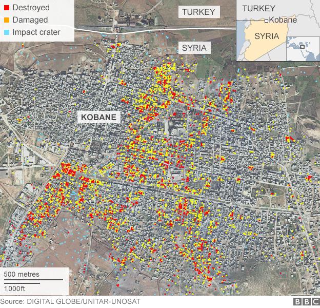 Map showing damage analysis in Kobane