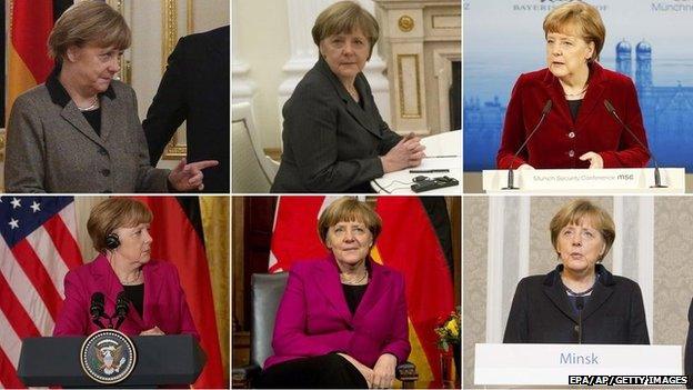 Composite picture of Angela Merkel over the past week: Top Row, left to right: Mrs Merkel in Kiev, 5 February 2015, Mrs Merkel in Moscow, 6 February, Mrs Merkel in Munich, 7 February. Bottom row, left to right: Mrs Merkel in Washington, 9 February, Mrs Merkel in Ottawa, 10 February, Mrs Merkel in Minsk, 12 February