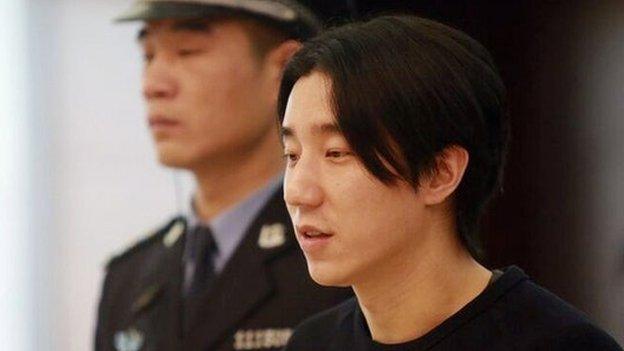 This handout photo taken on 9 January 2015 and released by the official weibo account of Beijing's Dongcheng District People's Court shows Jaycee Chan (R), son of kung fu star Jackie Chan, during his trial at the Dongcheng District People's Court in Beijing.