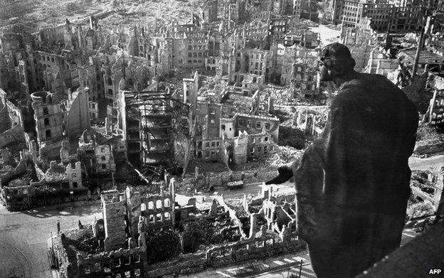 A photo taken from Dresden's town hall of the destroyed old town of the historic city after the allied bombings in February 1945