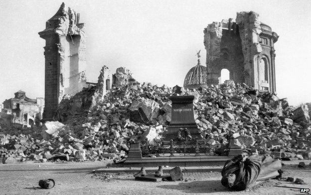 A photo taken in February 1945 shows the ruins of Dresden's Frauenkirche (Church of Our Lady) and the destroyed Martin-Luther-Memorial in the east German city of Dresden, following allied bombings