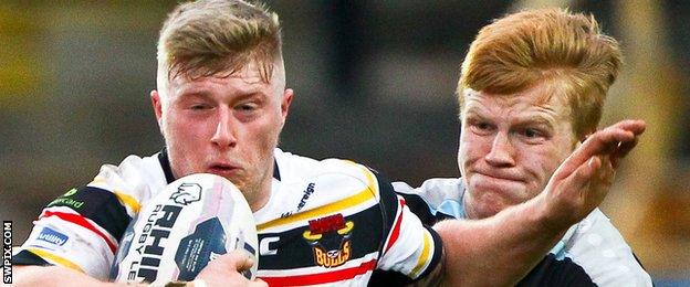 Bradford's Danny Addy and London Broncos loanee James Cunningham.