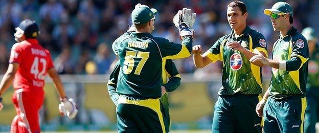 Australia dismiss England's Ravi Bopara during the tri-series on 12 January at Melbourne