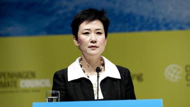 Li Xiaolin, Chairwoman and Chief Executive Officer of China Power International Development addresses the assembly at the World Business Summit on Climate Change in Copenhagen on May 26, 2009.