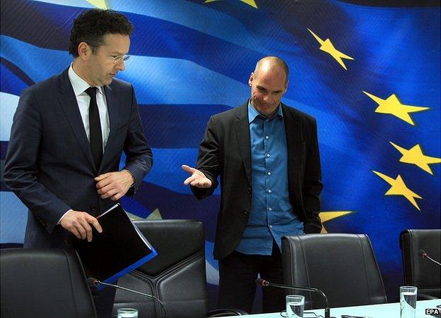 Eurogroup chief Jeroen Dijsselbloem (left) and Greek Finance Minister Yanis Varoufakis at press conference in Athens, Greece, 30 January 2015