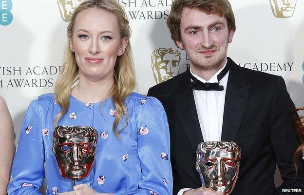 Daisy Jacobs and producer Chris Hees celebrate after their Bafta win