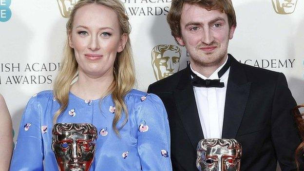 Daisy Jacobs and producer Chris Hees celebrate after their Bafta win