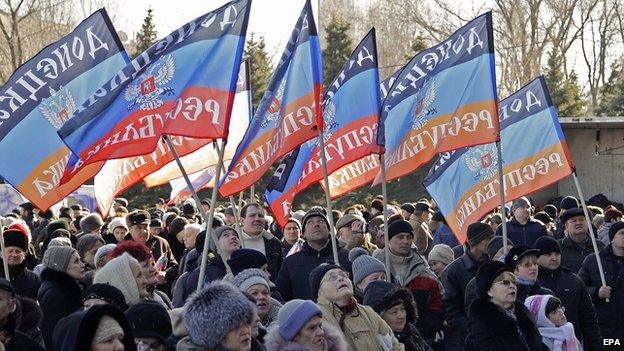 The flag of the self-declared People's Republic of Donetsk is still flown defiantly in the city