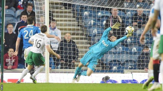 Lewis Stevenson volleyed past Lee Robinson to seal victory for Hibs.