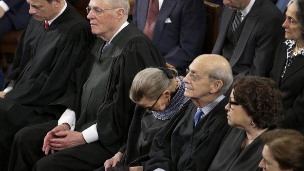 Supreme Court Justice Ruth Bader Ginsburg, centre, dozes during President Barack Obama's State of the Union address on Capitol Hill in Washington on 20 January 2015