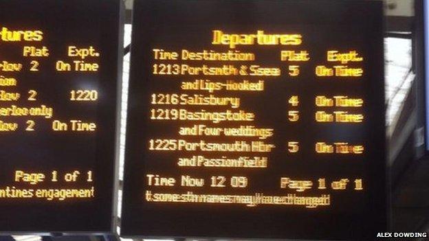 South West Trains Valentine's Day messages on departure boards