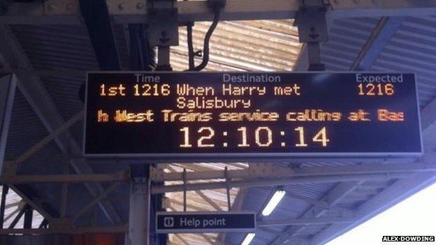 South West Trains Valentine's Day messages on departure boards