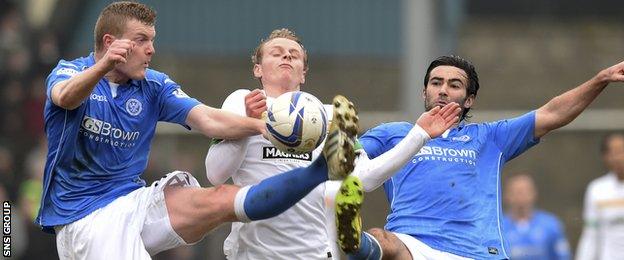 St Johnstone pair Brian Easton (left) and Simon Lappin crowd out Gary Mackay-Steven