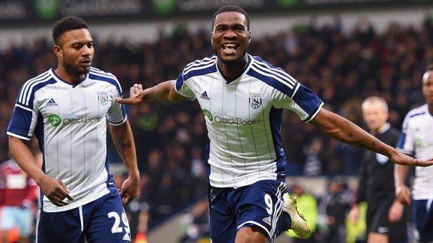 West Brom striker Brown Ideye celebrates scoring against West Ham