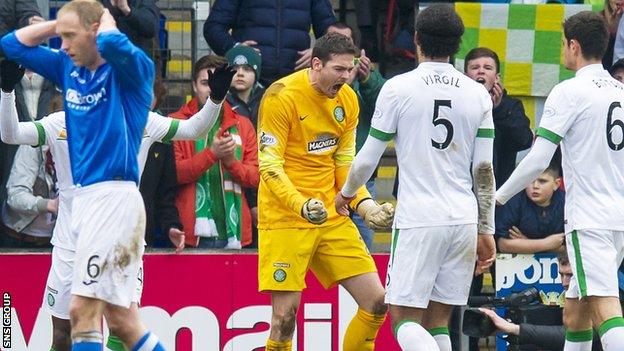 Craig Gordon made a late double-save to preserve Celtic's 2-1 lead