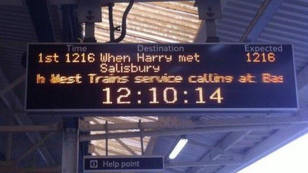 South West Trains Valentine's Day messages on departure boards