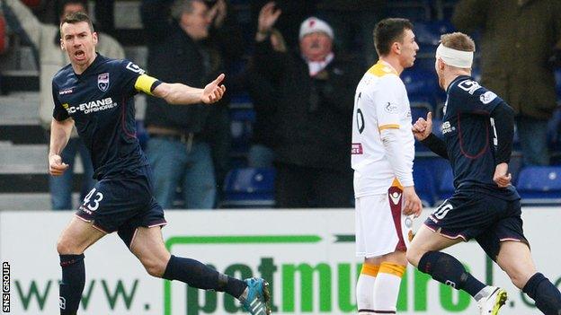 Paul Quinn (left) scored the second of Ross County's three goals at Victoria Park