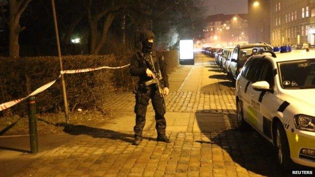 Police presence is seen at the site of a shooting in Copenhagen February 14, 2015.