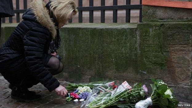 Flowers left outside synagogue in Copenhagen. 15 Feb 2015