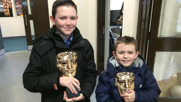 Aaron Lynch and Riley Hamilton show off the film's Baftas