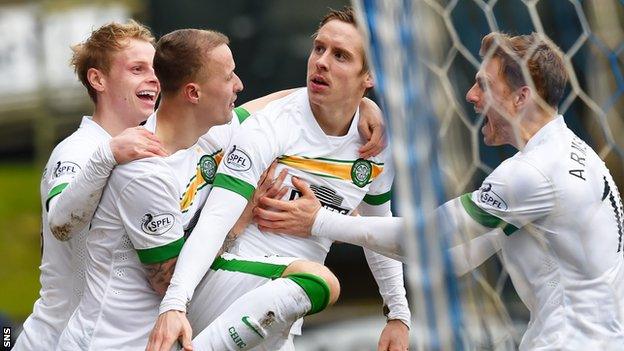 Gary Mackay-Steven, Leigh Griffiths, Stefan Johansen and Stuart Armstrong celebrate