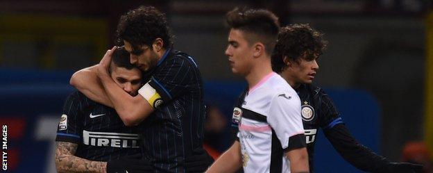 Mauro Icardo (left) celebrates scoring against Palermo