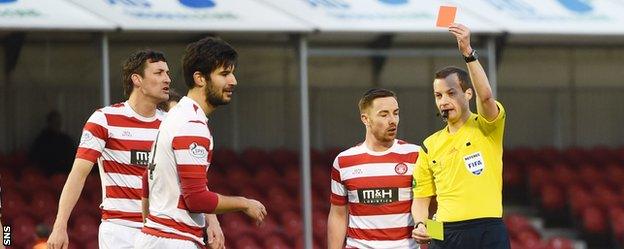 Jesus Garcia Tena is sent off by Willie Collum