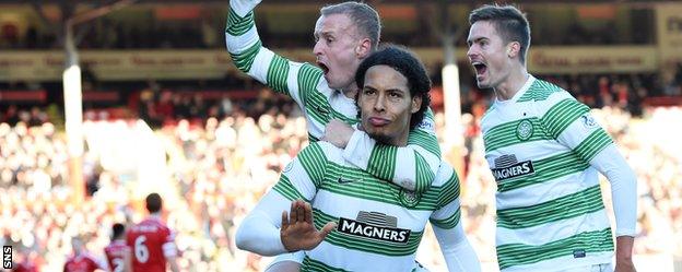 Virgil van Dijk celebrates the winner against Aberdeen