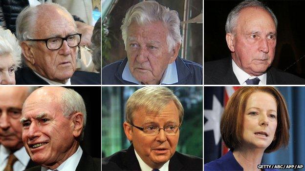 Malcolm Fraser, Bob Hawke, Paul Keating, John Howard, Kevin Rudd and Julia Gillard