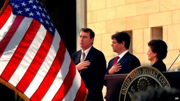 U.S. Southern District Judge Andrew S. Hanen recites from the pledge of allegiance on 14 November 2005