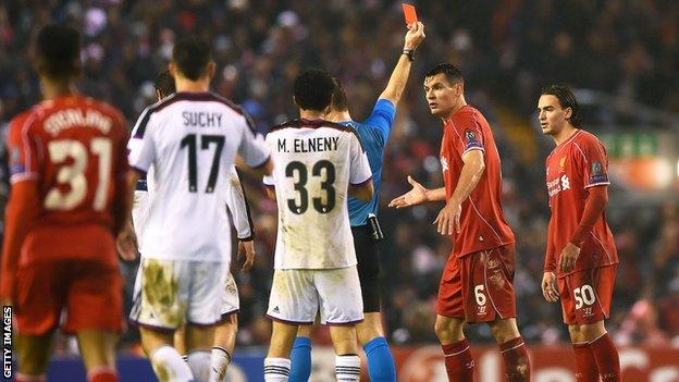 Lazar Markovic (right) shown the red card against Basel