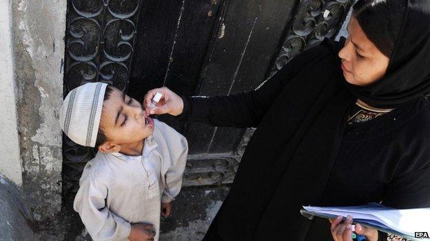 A health worker administers the Polio vaccine to a child in Karachi, Pakistan, 27 January 2015