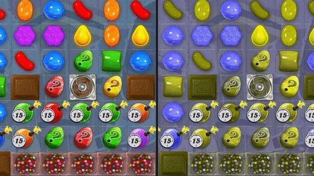 Candy Crush as viewed by someone with colour blindness