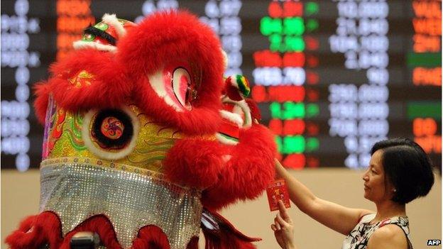 Lion dancer at Philippines stock exchange in Manila (18 Feb 2015)