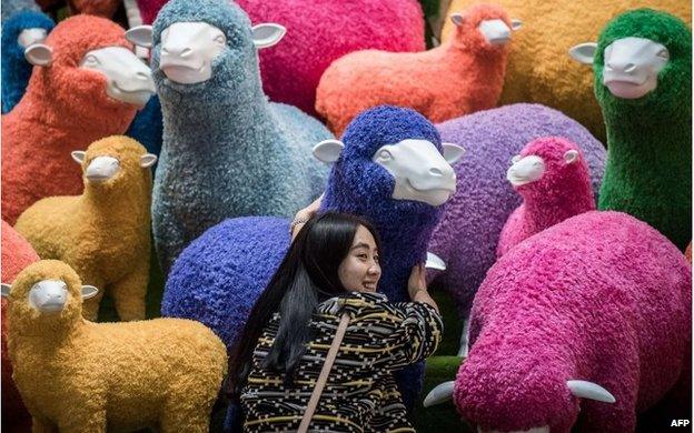 Woman with sheep display in Hong Kong (18 Feb 2015)