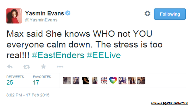 1Xtra's Yasmin Evans tweeted she was stressed watching EastEnders