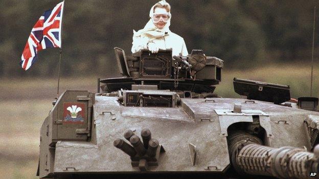 Margaret Thatcher stands in a British tank during a visit to British forces in Fallingbostel, Germany, September 17th 1986