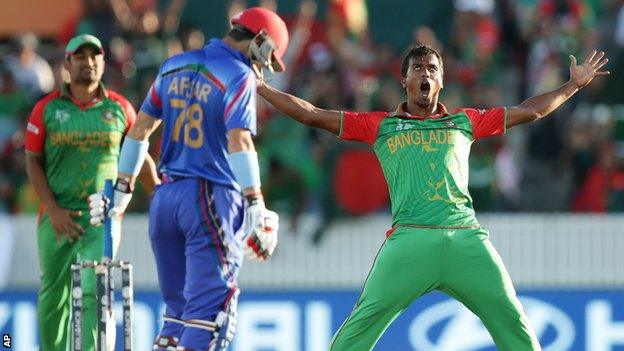 Bangladesh's Rubel Hossain celebrates a wicket