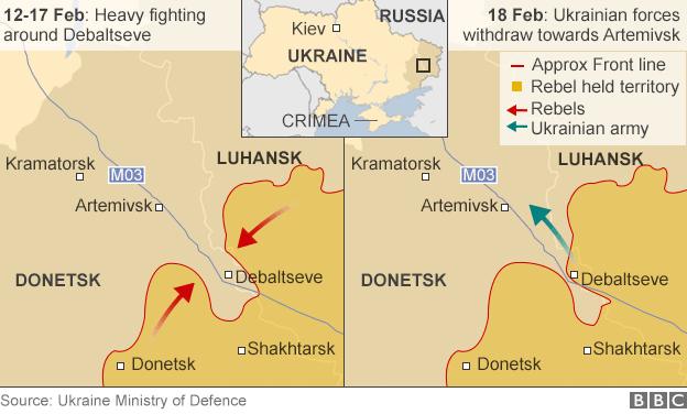 Map showing the besieged city of Debaltseve in eastern Ukraine