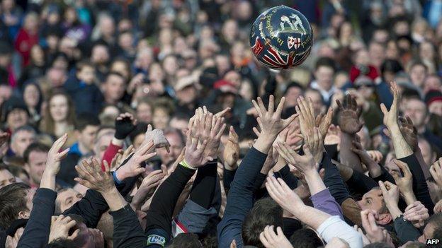 Ball in the air during Shrovetide game