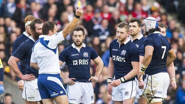 Finn Russell is sent to the sin bin by referee Glen Jackson