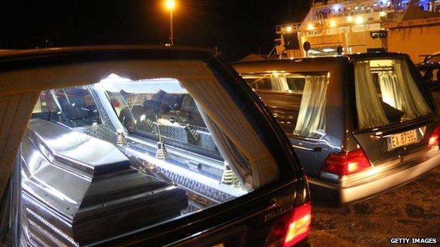 The coffins with the bodies of immigrants who died trying to reach the Italian coast arrive from Lampedusa on 11 February 2015