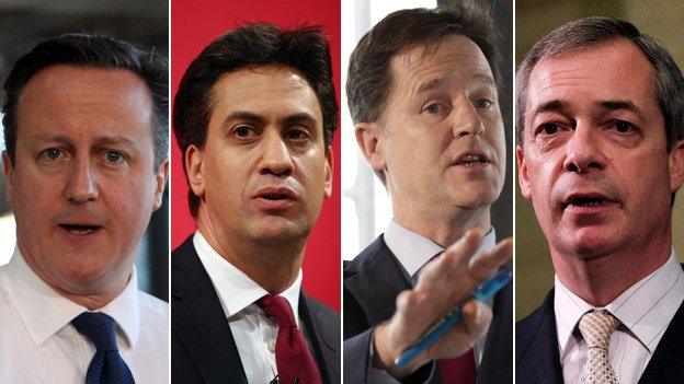 David Cameron, Ed Miliband, Nick Clegg, Nigel Farage