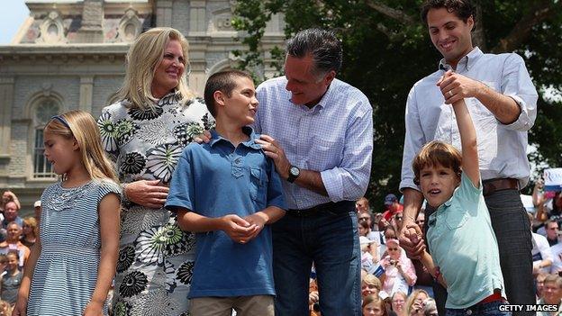 Mitt Romney and his family appear at a campaign event in 2012.