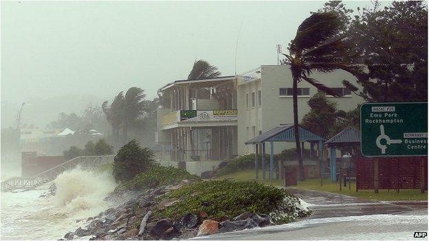 Strong winds and waves hit the coastal town of Yeppoon in north Queensland on 20 February 2015 after Tropical Cyclone Marcia made landfall