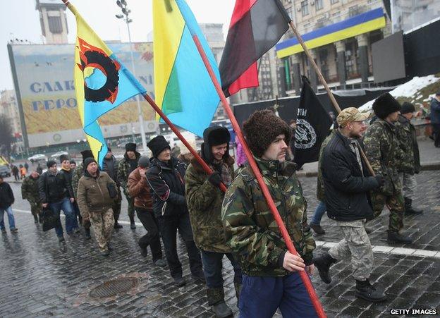 Cossack nationalists marching on Maidan, 20 Feb 15