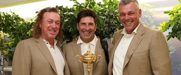 Jiminez, Jose Maria Olazabal and Darren Clarke after Europe won the 2012 Ryder Cup