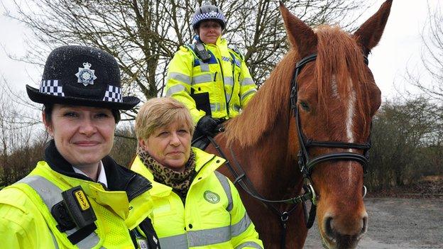 Insp Julie Mead, horseback volunteer Hilda Miller and PCSO Natasha Fountain on Cody